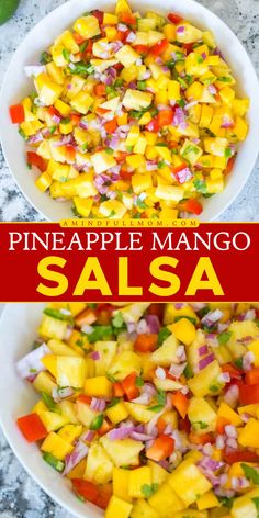 This Pineapple Mango Salsa is a summer appetizer recipe that pairs perfectly with fish, chicken, or salty chips! This homemade salsa is made with fresh pineapple, mango, peppers, and lime juice. Add this to your easy Labor Day party food! Easy Mango Salsa Recipe, Mango Salsa Recipe, Fresh Mango Salsa, Mango Salsa Recipes, Spiced Fruit, Spicy Salsa, Mango Recipes, Mango Salsa, Salsa Recipe