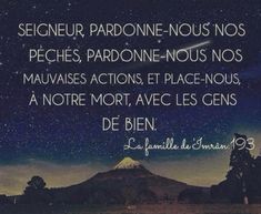 an image of the sky with trees and mountains in the background that reads, segneur pardonne - nous noss peches, parcdonne - nous nos