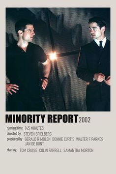 two men standing next to each other in front of a mirror with the words minority report on it