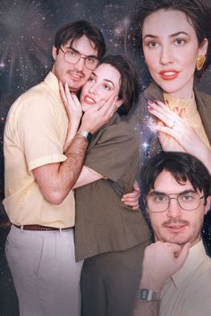 two men and a woman posing for a photo with stars in the sky behind them