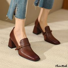 Olivia Mark - Sinsia Womens Chunky Heel Square Toe Slip-on Pumps - Black/Brown High Heeled Shoes Brown Heel Loafers Outfit, Formal Shoes Women, High Heel Loafers, Vintage High Heels, Chiko Shoes, Brown High Heels, Block Heel Loafers, Basic Fashion, Chunky Heel Shoes