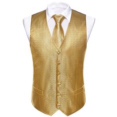 High Quality Vest+Necktie Brand: ties2you Button closure Formal Suit Vest : High Quality Material, The material of vest is soft and lightweight. No fading, no distortion, anti-wrinkle and smooth, is not easy to pilling. Important : This dress vest sizes are not same as US size. Please check the size chart carefully on product page. Excellent Design : Business vest is designed with classic V-neck, The back adjustable Waistcoat offers a more accurate fit, makes you stand out in the crowd. Match Ti Elegant Formal Vest With Ties, Classic Formal Vest With Ties, Fitted Gold Vest Elegant Style, Gold Fitted Vest, Fitted Gold Elegant Vest, Elegant Gold Fitted Vest, Gold Suits With Buttons For Formal Occasions, Gold Formal Suits With Buttons, Unique Vest