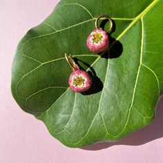 two pink and yellow beaded earrings sitting on top of a large green plant leaf