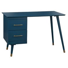 a blue desk with two drawers and gold handles