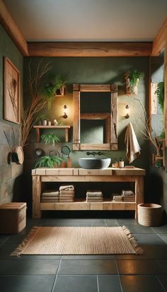 a bathroom with green walls and wood accents