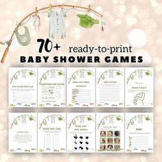 baby shower games with the words ready - to - print on it and an image of clothes hanging from a line