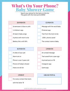 a baby shower game with the words what's on your phone? in pink and blue