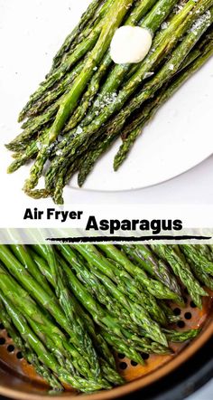 air fryer asparagus on a plate with text overlay that reads, air fryer asparagus