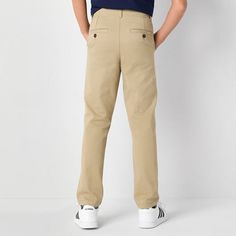 Made from stretch-cotton twill, this pair of flat front pants from Thereabouts' little and big boy collection are perfect for school or an occasion that needs a tailored look. Cut in a straight-leg, they have adjustable, partial elastic waistband, a button-zip fly, and side and back pockets. Wear them with a polo, a t-shirt, or a hoodie.Front Style: Flat FrontFeatures: Adjustable WaistClosure Type: Elastic Back, Button & ZipperFit: Regular FitPockets: 2 Front Slip Pockets, 2 Back Slip PocketsRi… Casual Cotton Cargo Pants For School, Cotton Straight Leg School Bottoms, Cotton School Trousers, School Pants Made Of Cotton, Cotton Cargo Pants For School, School Cotton Cargo Pants, Full-length Cotton Bottoms For School, Full Length Cotton Bottoms For School, Cotton Bottoms For School