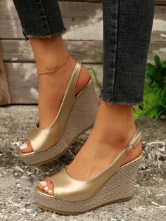 Gold  Collar     Embellished   Women Shoes Fall Wedges, Comfortable Wedges, Wedges Shoes, Platform Wedge Heels, Peep Toe Shoes, Peep Toe Sandals, Wedge Heel Sandals, Platform Wedge Sandals, Womens Wedges