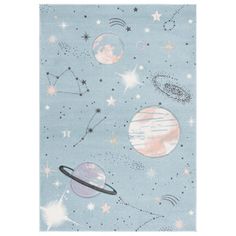 an area rug with planets and stars on the blue ground, in front of a white background