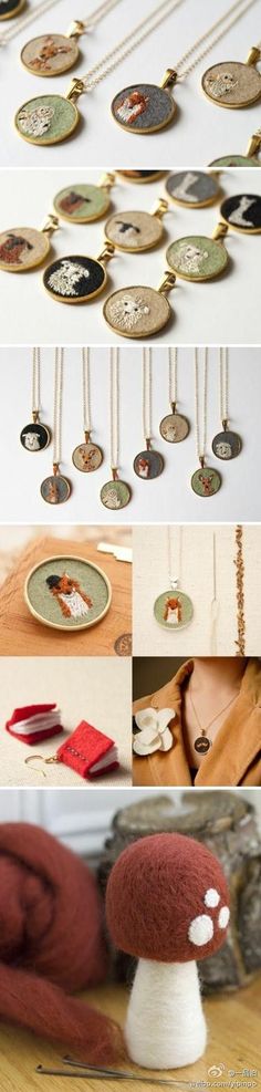 several pictures of different items that are being displayed on a table and in the process of making necklaces