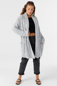 Cute and comfy cardigan sweater that features a longer length design, shawl style collar and drop shoulder fit. O'Neill Women's long sleeve cardigan sweater Longer length Open front Side pockets Drop shoulder 100% Acrylic Yarns | O'Neill Women's Amara Long Cardigan Sweater in Winter White, Size Medium, Acrylic Comfy Cardigan, Shawl Style, Long Cardigan Sweater, Loungewear Outfits, Spring Suit, Loungewear Dresses, Womens Wetsuit, Denim Sweater, Long Sweaters Cardigan