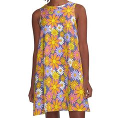 Loose-fit, mid-length sleeveless dress with silky handfeel. Printed on both sides. Machine washable. Size range XS-2XL. 70s Flower Power Purple Orange and Yellow Daisy. This design was inspired by vintage fabrics from the 1970s. Retro A-line Summer Dress, Retro A-line Sleeveless Dress, Mod Summer Beach Dresses, Summer Mod Beach Dresses, Retro Fitted Sleeveless Sundress, Sleeveless Mini Dress With Daisy Print, Retro Multicolor A-line Midi Dress, Retro Multicolor Sleeveless Dress For Spring, Retro A-line Sundress For Summer