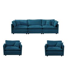 three blue couches and two chairs on a white background