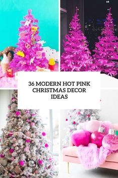 pink christmas tree decorated with ornaments and other holiday decorating items in different styles, sizes and colors