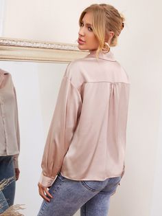 Dusty Pink Elegant  Long Sleeve Satin Plain Shirt  Non-Stretch Spring/Fall Women Tops, Blouses & Tee Cheap Satin Blouse For Night Out, Luxury Pink Satin Blouse, Holiday Light Pink Blouse, Luxury Chic Pink Blouse, Affordable Pink Relaxed Fit Blouse, Luxury Relaxed Fit Pink Blouse, Cheap Pink Blouse For Date Night, Cheap Pink Blouse For Night Out, Cheap Spring Satin Blouse