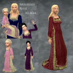 several images of different styles of dresses and outfits for the female character, sherabellans royal all ages