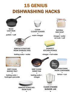 the ingredients for dishwashing hacks are shown in this graphic above it's description