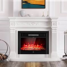 a fire place in a living room with white walls and wood flooring is shown