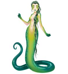 a green mermaid with long hair standing in front of a white background and holding her hands out