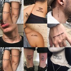 multiple pictures of people with different tattoos on their bodies and hands, including the words don't follow me