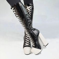 Women's Boots Plus Size Heel Boots Party Daily Leopard Mid Calf Boots Winter Zipper Block Heel Round Toe Sexy Patent Leather Zipper White / Purple Black Red 2024 - $101.99 2010s Heels, Gothic Heels, Plateau Boots, High Cowgirl Boots, Thigh High Platform Boots, Crazy Heels, Shoe Refashion, Boots Plus Size, Goth Shoes