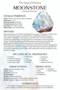 Crystal Properties Witchcraft, Crystal Properties Chart, Moonstone Meaning Crystal Healing, Moonstone Crystal Meaning, Moon Stone Crystal, Crystals Astrology, Moonstone Healing Properties, Moonstone Properties