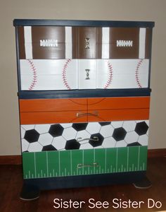 a baseball themed dresser is shown with the name sister see sister do on it