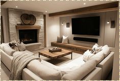 a living room filled with furniture and a flat screen tv mounted on the wall above a fire place