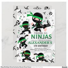 a ninja themed birthday party with green and black decorations on the front, and white background