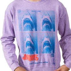 Dive into the suspenseful depths of style with this adult lilac wash Jaws crew neck long sleeve sweatshirt. The captivating poster art featuring the iconic shark is elegantly divided into four squares, creating a unique visual appeal. Crafted from a blend of 60% cotton and 40% polyester, this sweatshirt offers comfort and durability. Machine washable on cold with like colors with a tumble dry on low heat, its care instructions ensure a lasting and vivid design. Embrace the fear-inducing yet styl Jaws Shark, Square Poster, Iconic Movies, Classic Films, Long Sleeve Sweatshirt, Birthday Gift Ideas, Long Sleeve Sweatshirts, Four Square, Sleeve Styles