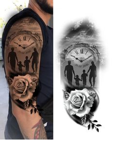 a man with a tattoo on his arm next to an image of a clock and a rose