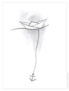 a drawing of an anchor and a paper boat floating in the air with water droplets coming from it