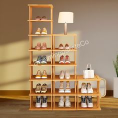 there are many pairs of shoes on the shelf