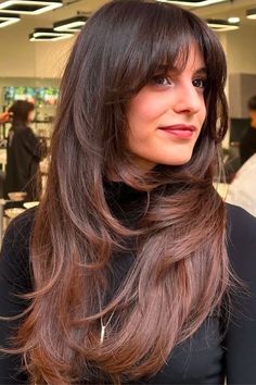 Rich Warm Chestnut with Subtle Red Layers with Bangs, long layered haircut, 90s layered haircut Subtle Hair Color, Hairstyles For Seniors, Shades Of Red Hair, Cute Hair Colors, Dark Hair With Highlights, Copper Hair Color, Long Hair Color, Long Layered Haircuts