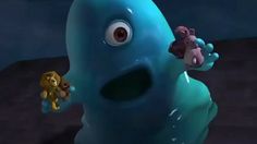 a cartoon character is holding a teddy bear in front of an alien like creature that appears to be floating