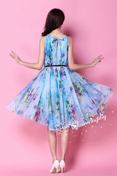 29 Colors Chiffon Blue Flower Knee Party Evening by CHARMINGDIY Tea Party Dresses For Women, Beach Bridesmaid Dress, Floral Long Frocks, Beach Bridesmaid, Beach Bridesmaid Dresses, Long Frock Designs, Beach Holiday Dresses, Sundress Summer, Frock Fashion