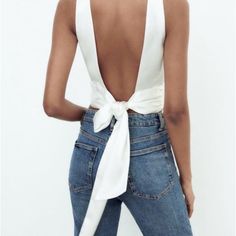 Brand New Zara Open Back Top Elegant Tie Back Top For Brunch, Backless Top For Spring Date Night, Backless Top For Date Night In Spring, Backless Tops For Date Night In Spring, White Backless Top For Evening, Elegant Tie Back Top For Spring, Elegant Spring Top With Tie Back, Elegant Backless Top For Day Out, White Tie Back Top For Party