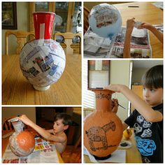 a collage of photos showing children making vases out of newspaper strips and magazines