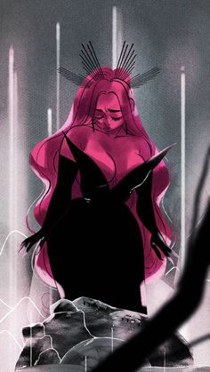 a drawing of a woman with pink hair and black dress standing in front of an artistic background