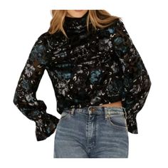 Look And Feel Beautiful In This Feminine, Romantic, Country Western Cowgirl Chic Long Sleeve Velvet Burnout Cropped Turtlneck Blouse With Open Back, By Shyanne. This Is The Perfect Top For Date Nights, Going Out, Rodeos, Festivals, Or Wherever Your Adventures Take You! Pair With Your Favorite Skirt Or Jeans And Cowboy Boots, Or Leather Pants And Knee High Boots For An Edgy, Cowgirl Chic Vibe. So Cute! Features: * Material: 66% Rayon/34% Polyester * All Over Velvet Purple And Blue Floral Print * Sequin Floral Accents * Ruffle At Elastic Sleeve Cuff * Open Back With Cowl Detail * Button Closure Turtleneck * Long Sleeve Elastic Cuffs * Hand Wash Cold * Measurements: Chest 18" Length, 17" Front Black Floral Print Tops For Fall, Chic Winter Floral Print Top, Chic Floral Print Tops, Fitted Black Floral Print Tops, Edgy Cowgirl, Velvet Purple, Velvet Blouse, Tunic Style Tops, Velvet Burnout