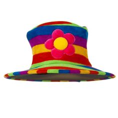 Rainbow Velvet Tall Top HatMade of 100% polyester.ONE SIZE fits most, fitting up to XL size.Crown measures 5 inches tall.Brim measures 3 inches wide,wired and flat.Thick and soft material.Hand wash only.Available in different styles.Imported Our Rainbow Velvet Tall Top Hat with Flower is an interesting hat with crazy style that will be great for Halloween or other costume parties. This rainbow colored velvet top hat features wired flat brim and 5 inches tall crown. What makes this hat look fun a Adjustable Multicolor Costume Hat, Multicolor Wide Brim Fun Hat, Novelty Multicolor Adjustable Costume Hat, Casual Rainbow Hat, One Size Fits Most, Multicolor Cap-shaped Party Costume Hat, Rainbow Costumes, Rainbow Top, Velvet Tops, Costume Hats