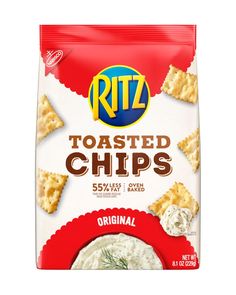 ritz toasted chips with sour cream and onion dip in a bag on a white background