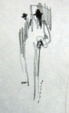 this is a drawing of a man with a hat and cane walking down the street