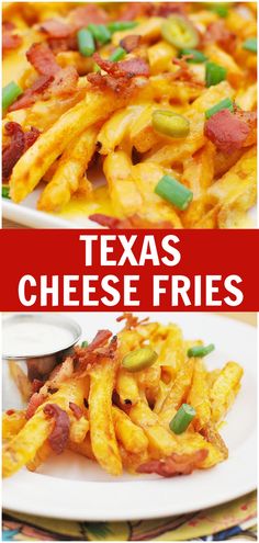 Texas Cheese Fries - the perfect party snack! Seasoned fries topped with cheddar cheese, crispy bacon, green onions, and jalapenos! Served with a side of ranch!