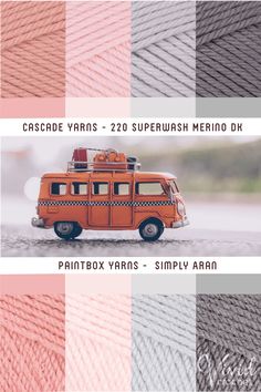 an orange bus is sitting in the middle of four different color swatches with text that reads cascade yarns