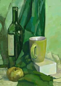 a painting of an apple and cup next to a bottle