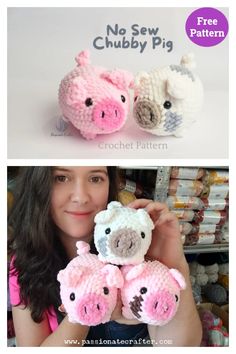 two crocheted pigs are shown with the caption no sew chubby pig