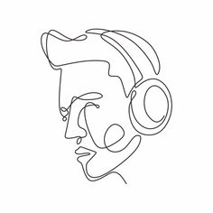 a line drawing of a man with headphones on his ears, looking to the side